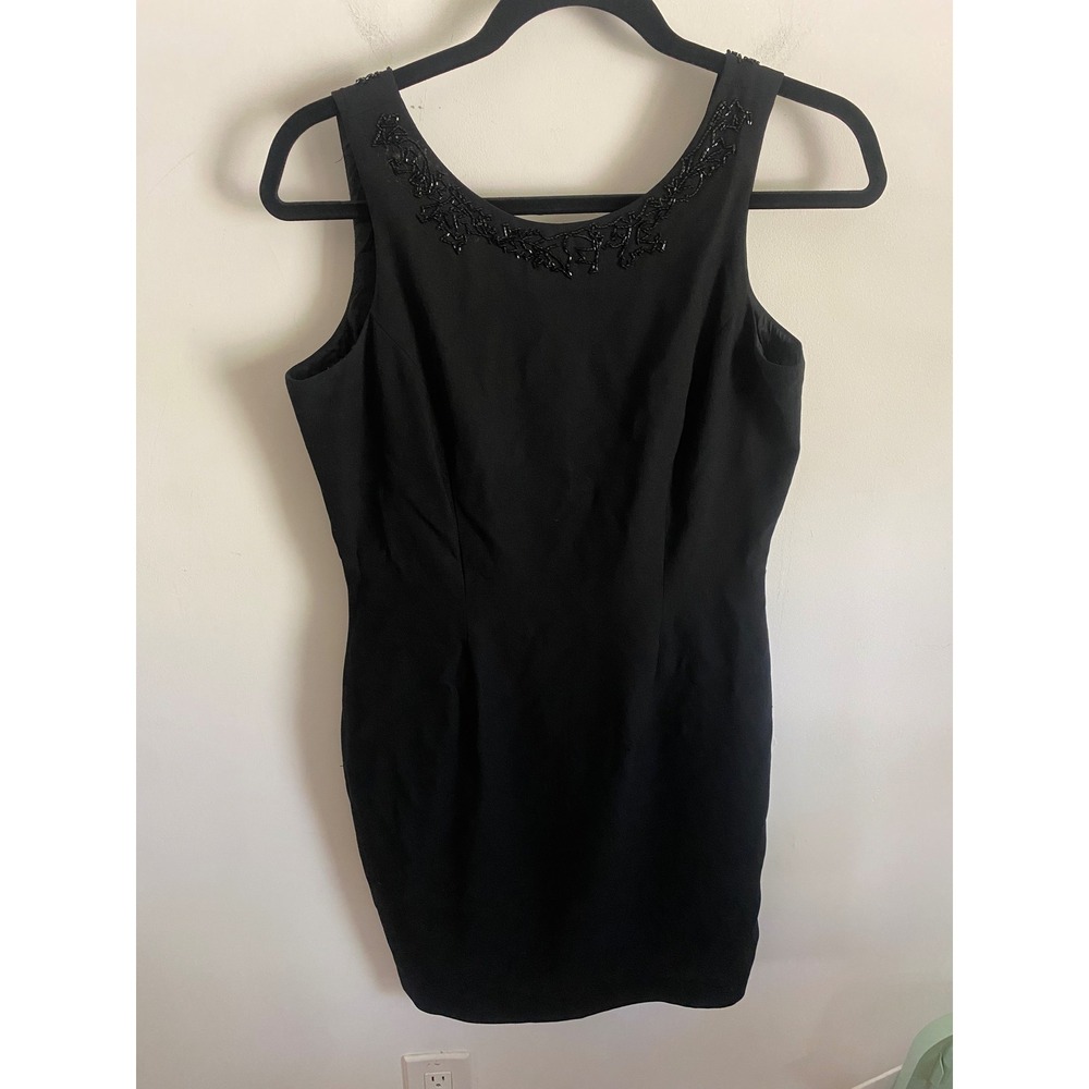 Carole Little Petite Black Beaded Scoop Neck Deep V Back Cocktail Dress Size 10P